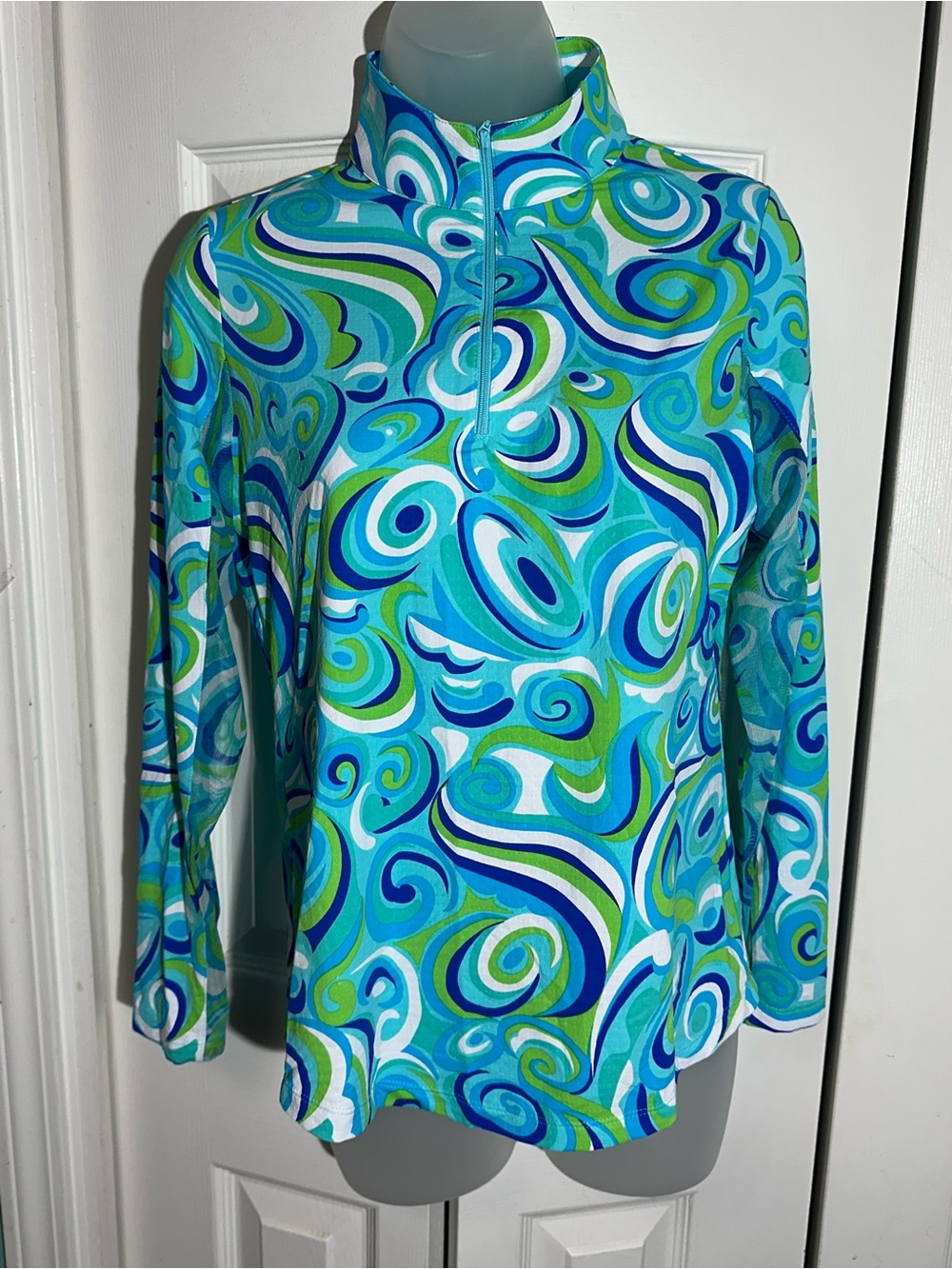 IBKUL Sz S Emma Blue Swirls Long Sleeve Polo 1/4 Zip Golf Tennis UPF 50+  AA24